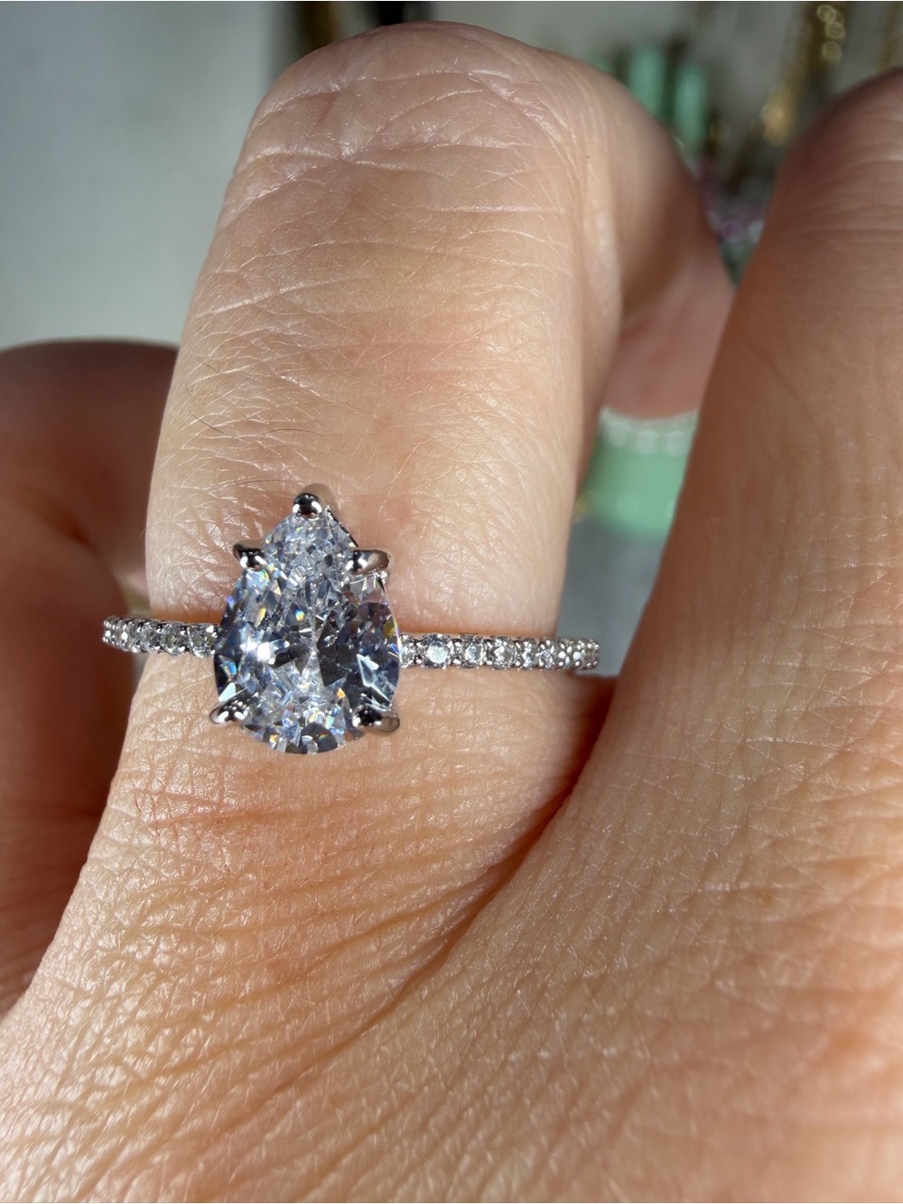 Size 7 Moissanite Ring Pear Cut Silver Engagement Ring Jewelry